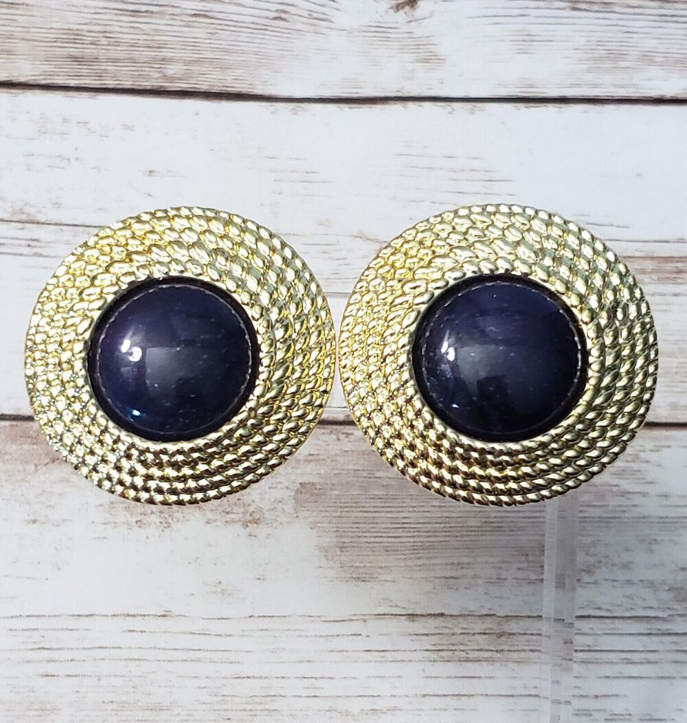 Vintage Clip On Earrings Gold Tone Halo with Blue Speckled Center Large 1 & 5/8"